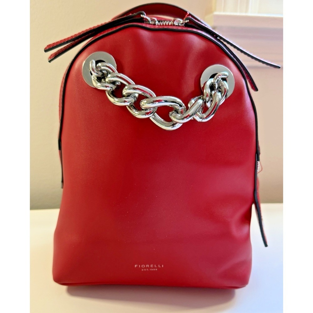Fiorelli Faux Leather Backpack Red With Chain Accent Hand Bag Vegan